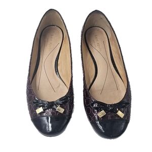 Kate Spade Jian Red Black Patent Cap Toe Ballet Flats Womens Size 8.5 Bow Golds
